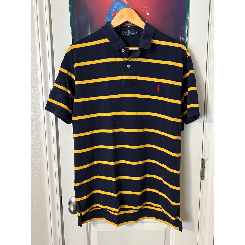 Polo Ralph Lauren Mens Large Navy Blue Yellow Striped Short Sleeve Polo Shirt